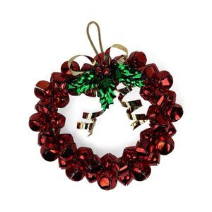 Vintage Red Jingle Bell Wreath Metal Ribbon Holly Leaves Berries 10” Christmas